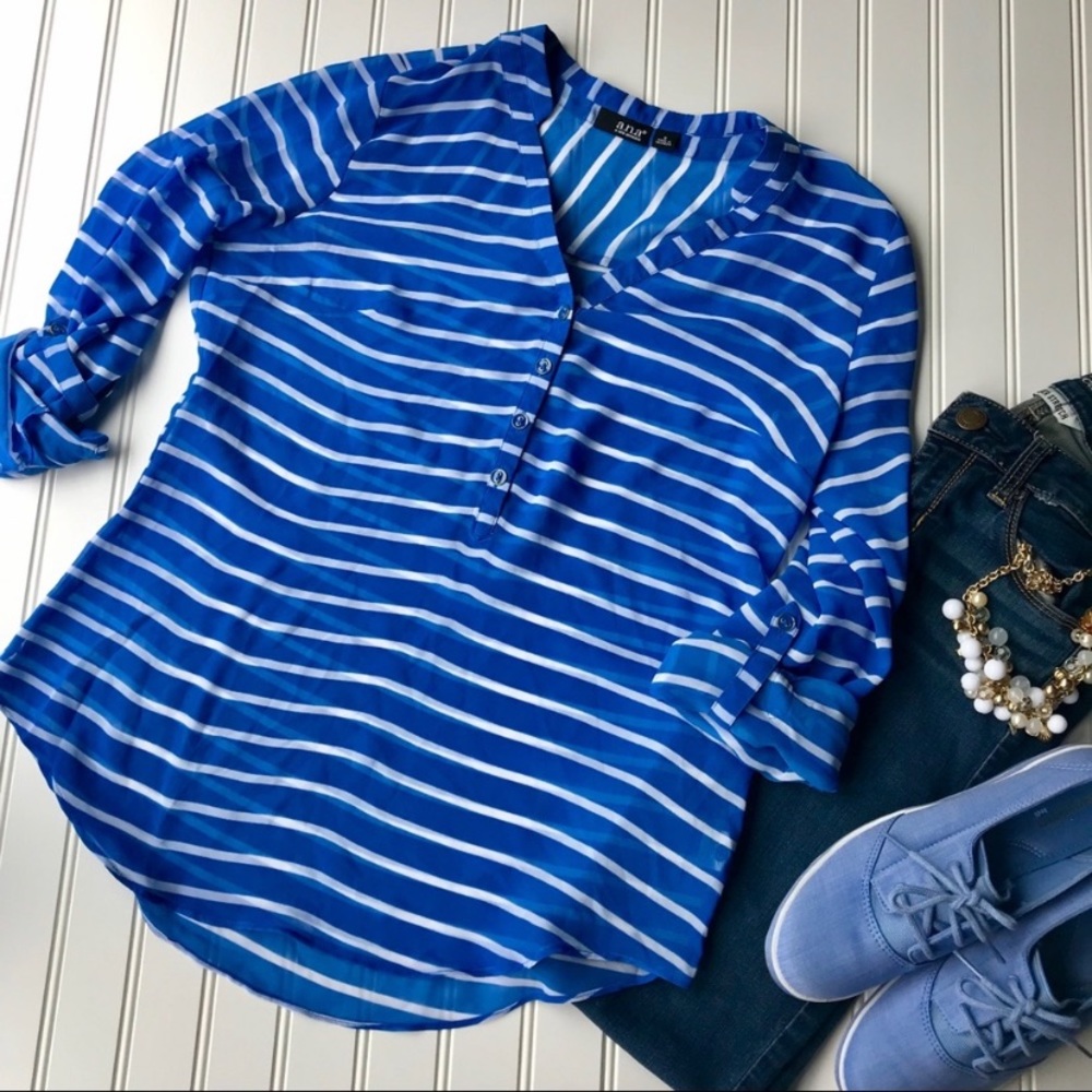 💥 A.n.a. Blue & White Striped Top. - Picture 1 of 4